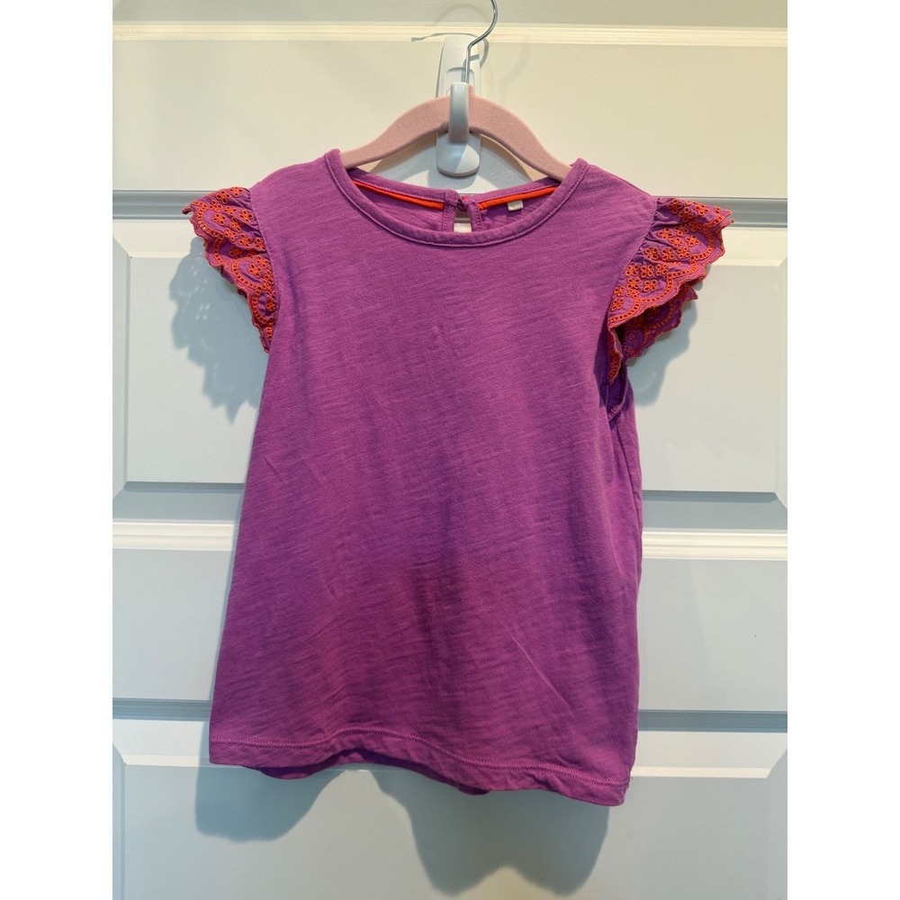 Mini Boden Girls Purple Flutter Sleeve Eyelet Embroidered Top Size 4-5Y